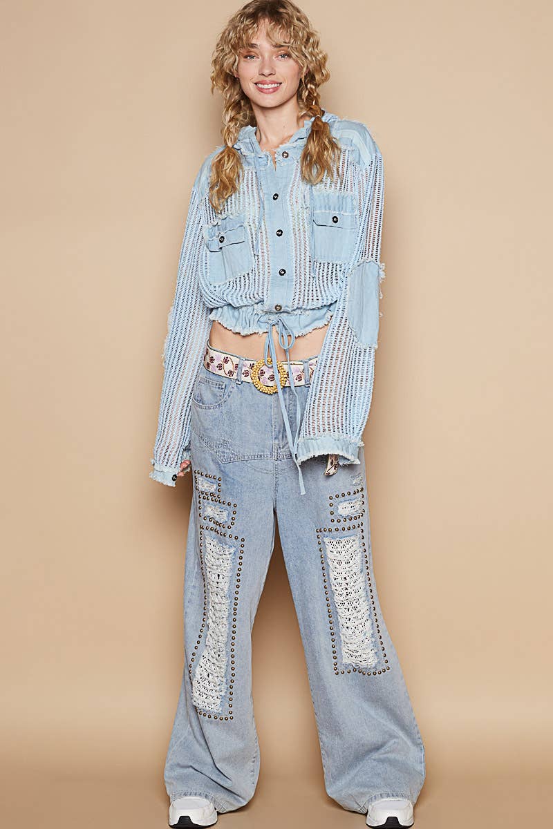 “THE SIERRA” Open knit button down pocket front hooded shirt top
