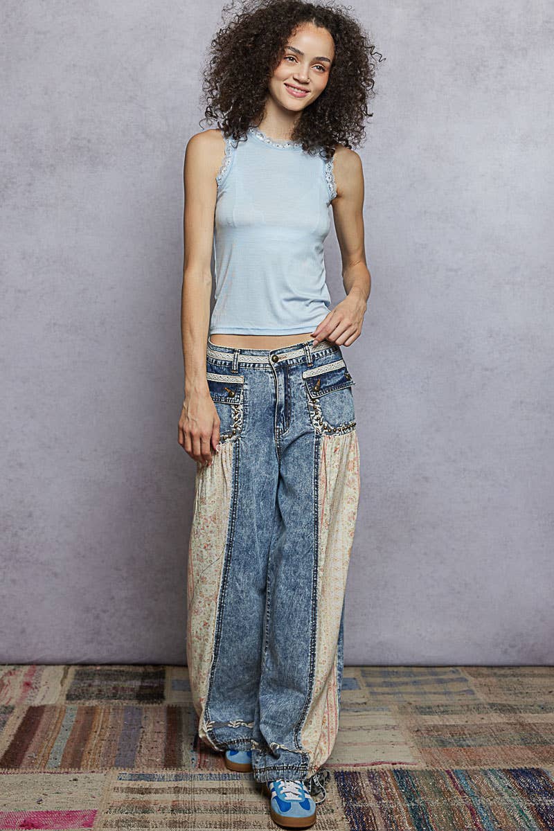 Elastic band floral print patch stud detail jogger pants: