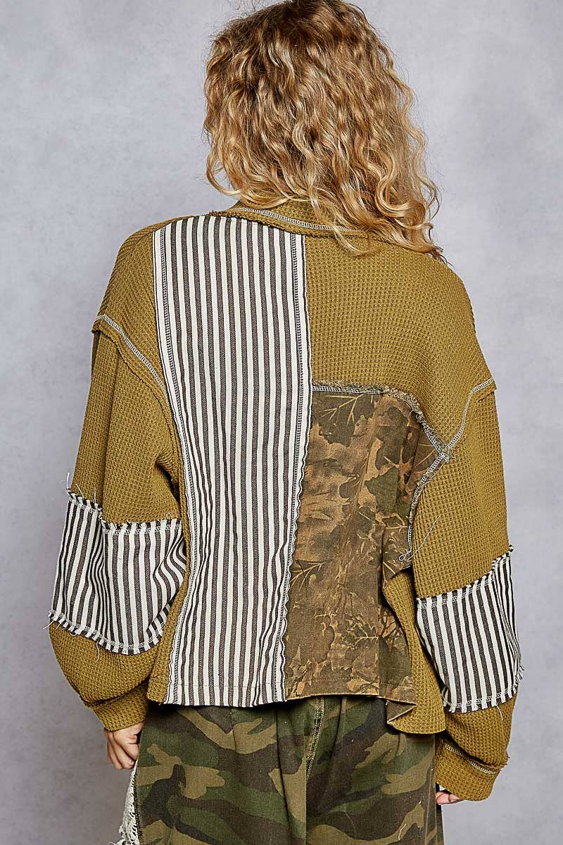 “THE Lillianna”Balloon sleeve thermal edge detail collar jacket in Olive,Camo and Stripe.