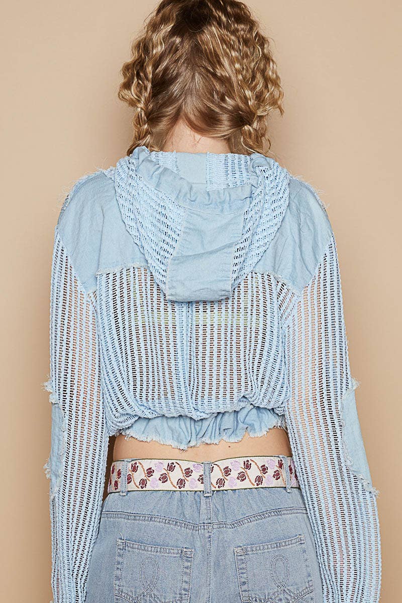 “THE SIERRA” Open knit button down pocket front hooded shirt top