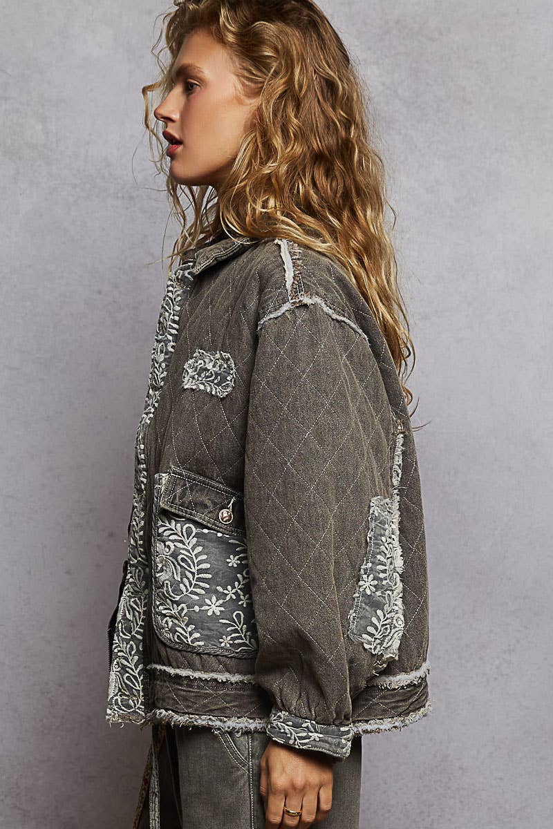 Long Sleeve Overlay Lace Binding Quilted Woven Jacket