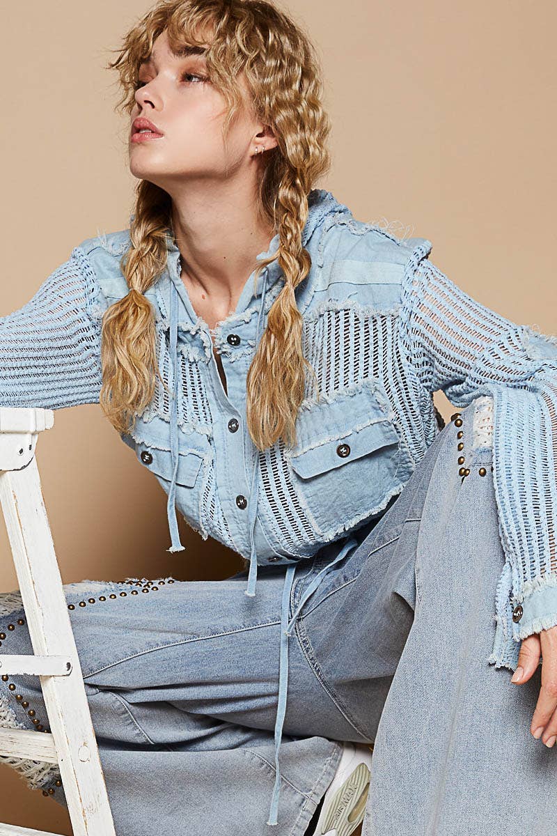“THE SIERRA” Open knit button down pocket front hooded shirt top
